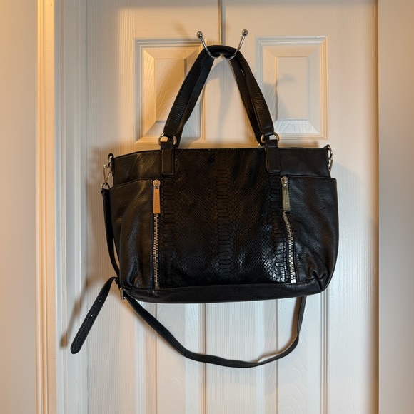 Michael Kors Black Leather Python Tote / Bag / Crossbody with Silver Hardware - Picture 1 of 16